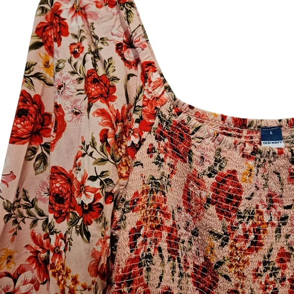 NWOT Old Navy Womans L floral Summer Smocked Dress Balloon Sleeve Swing Midi - Picture 4 of 10